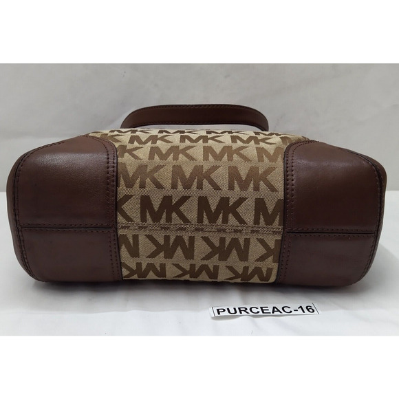 Michael Kors Brown Canvas Leather Trim MK Printed Double Handle Zipper Tote Bag - Picture 9 of 16